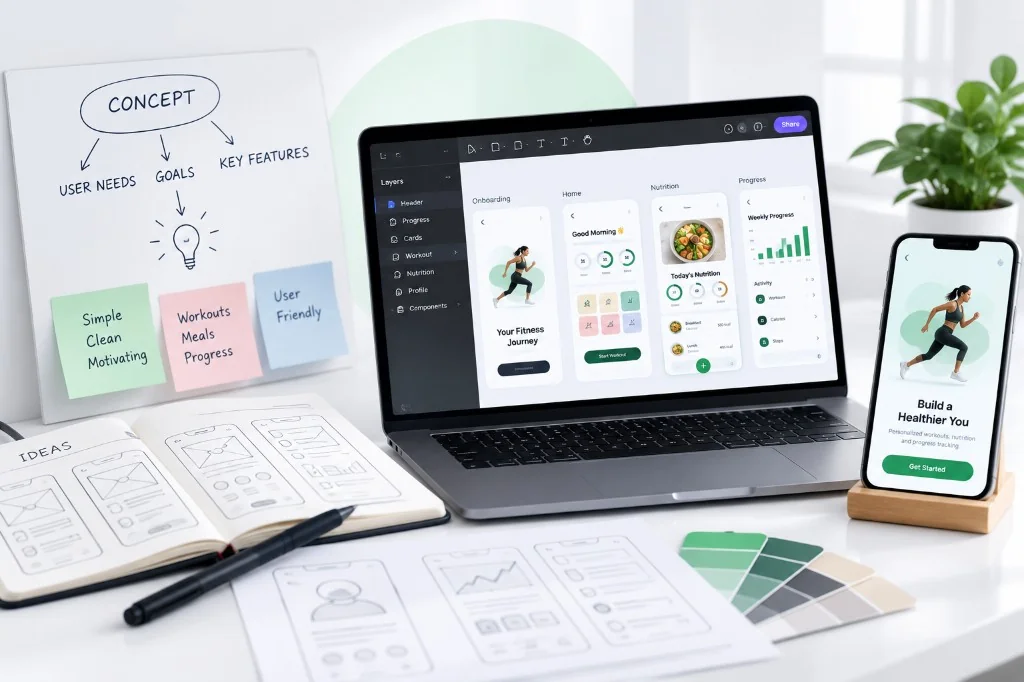 UI/UX design workspace with fitness app screens, wireframes and style system