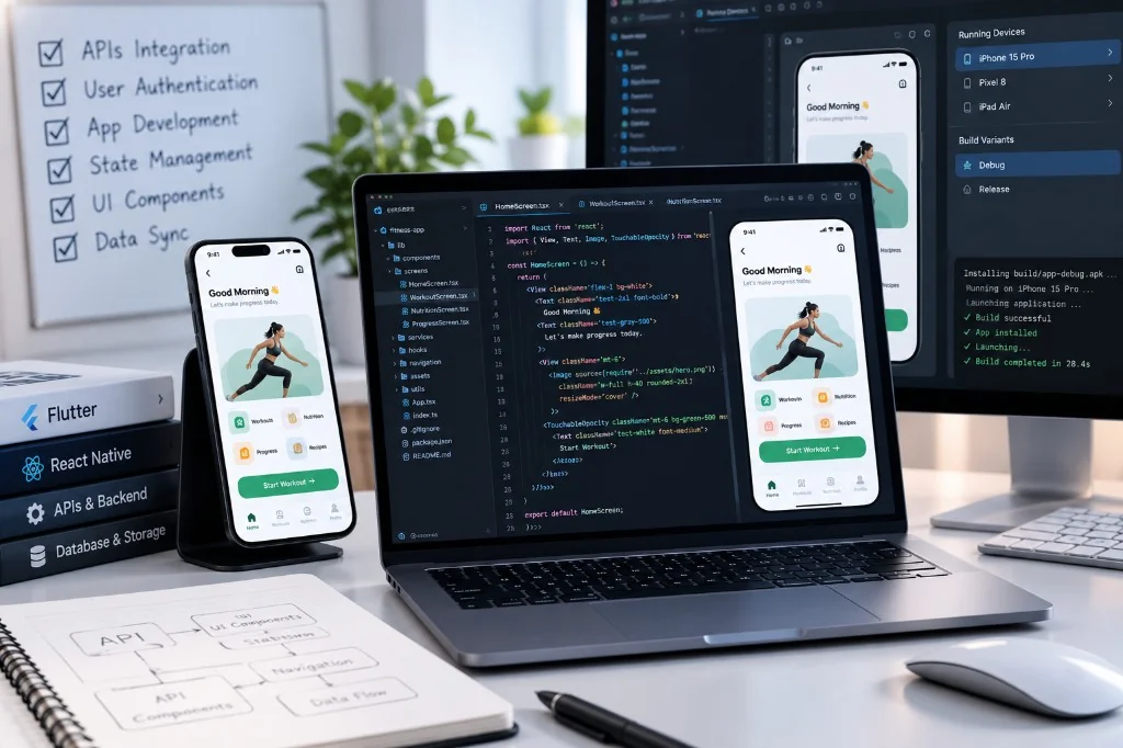 App development workspace with React Native code, device previews and build tools