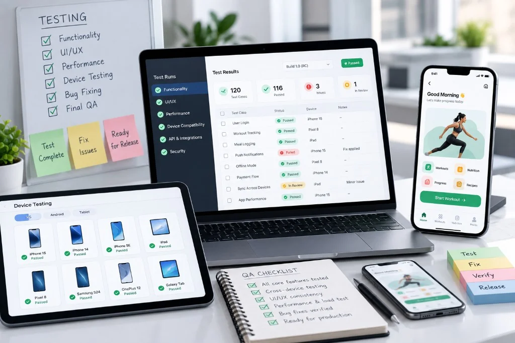QA testing workspace with test results, device matrix and release checklist