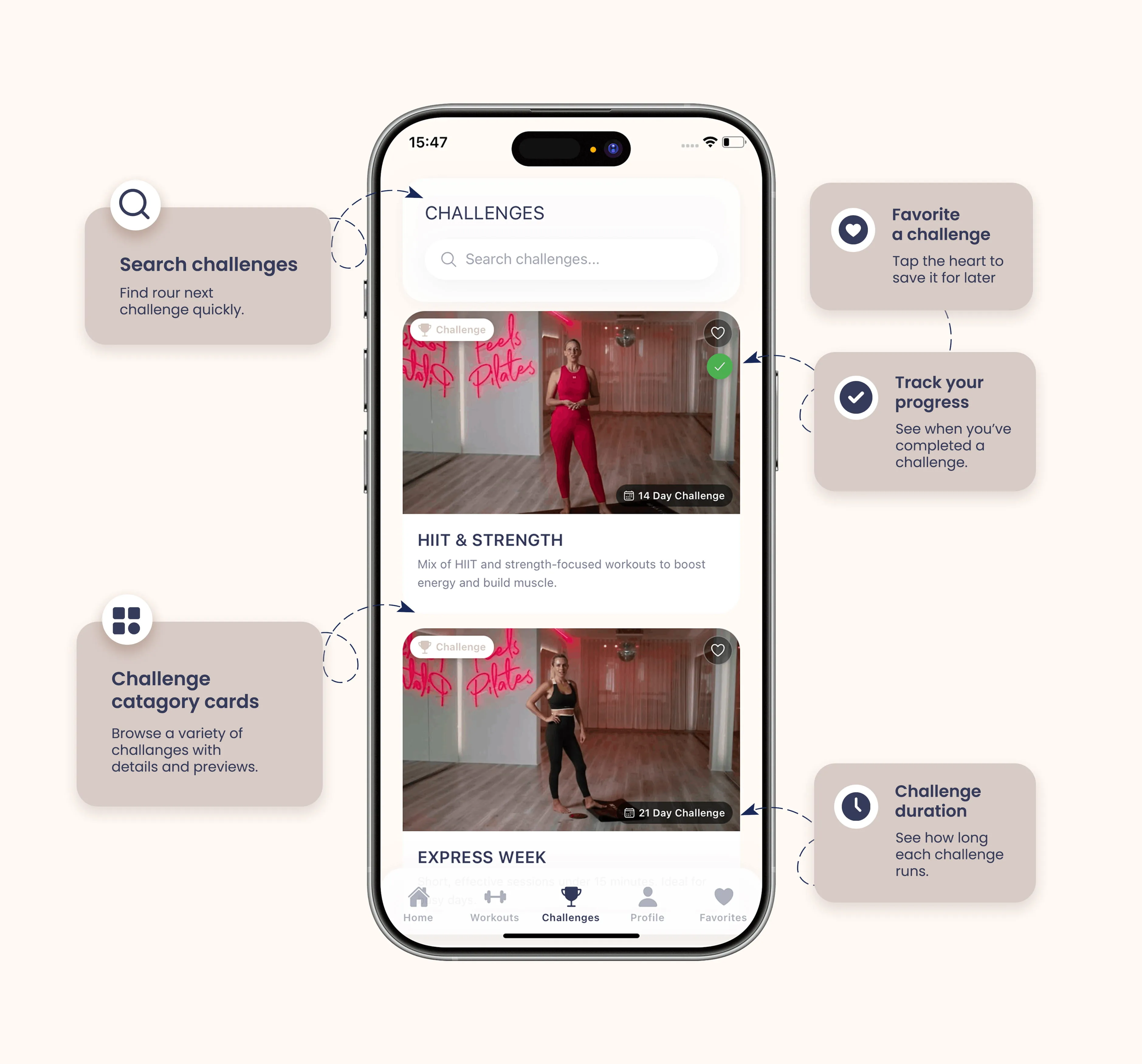 Feels@Home challenges with search, duration badges and progress checks