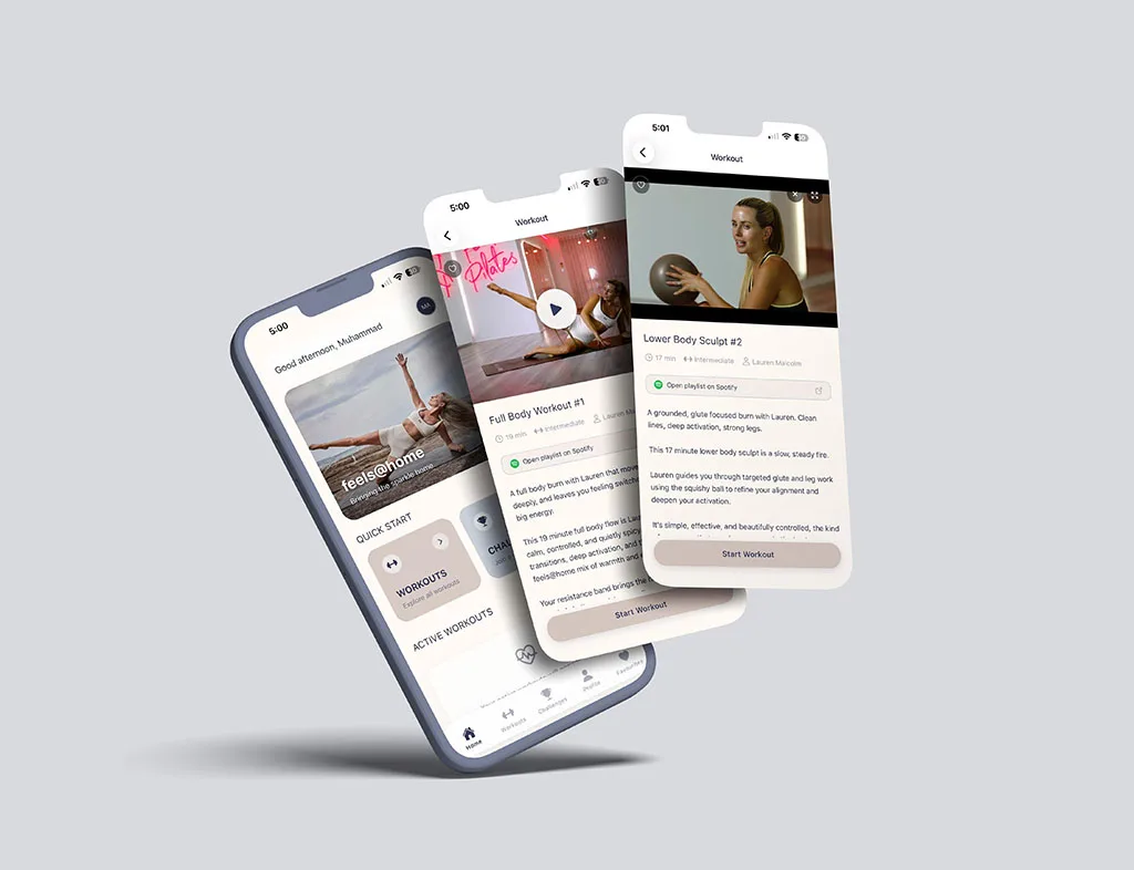 Feels@Home app on three phones — home, workout detail and start workout