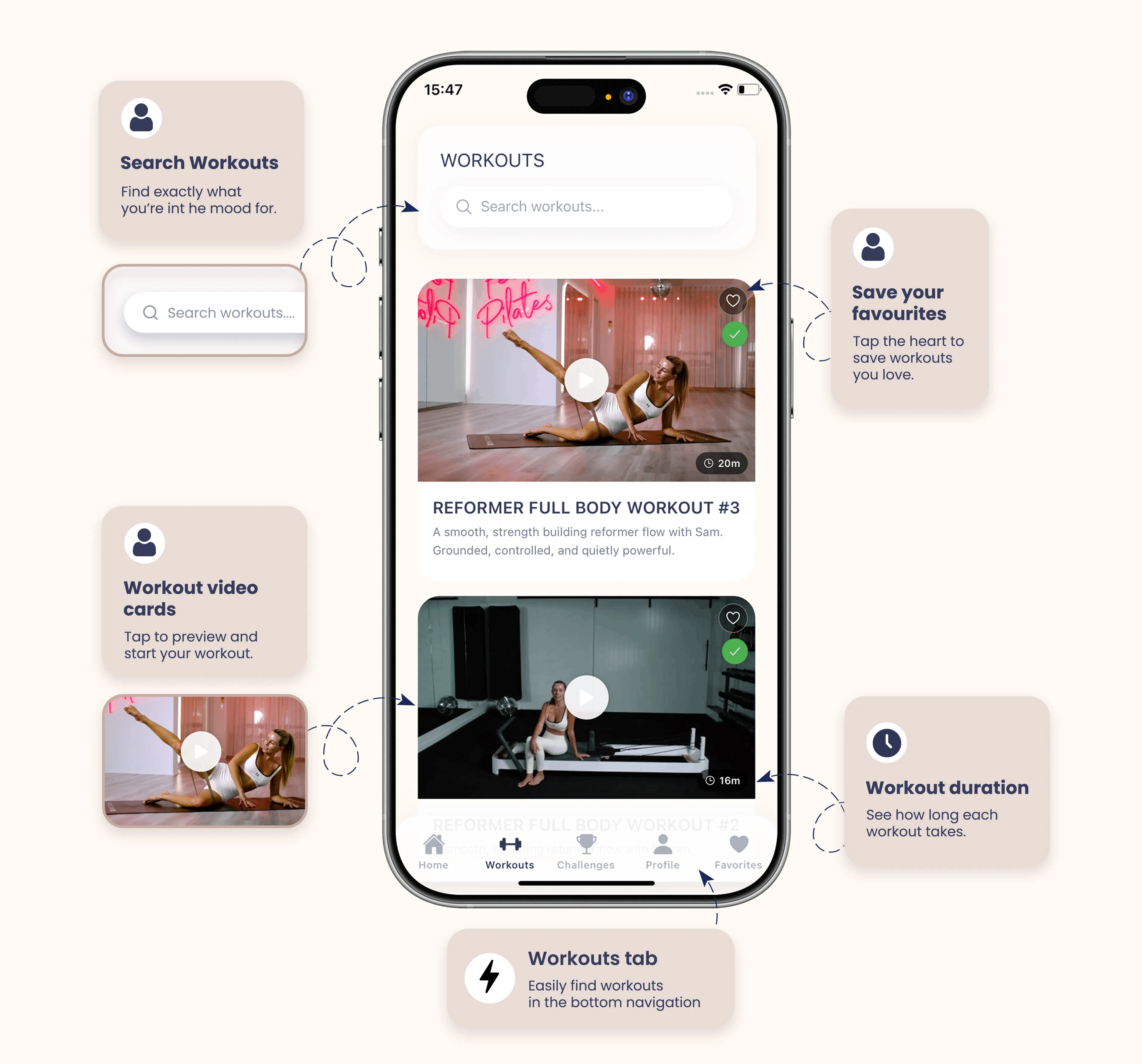 Feels@Home workouts library with video cards and search