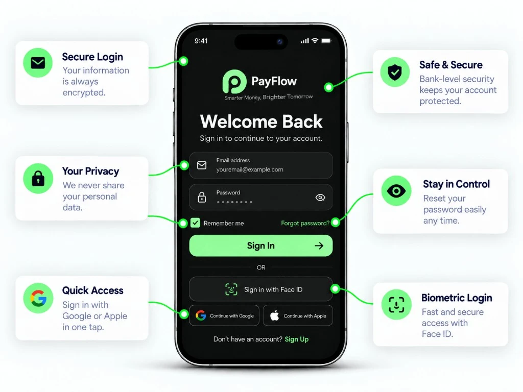 GreenVault secure sign-in with Face ID and social login