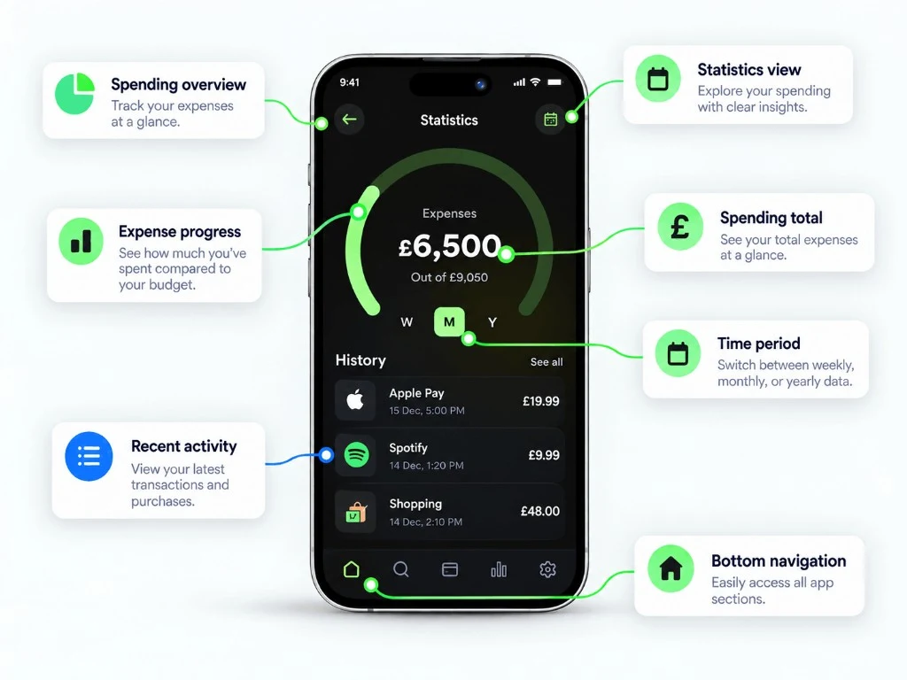 GreenVault statistics screen with expense progress ring