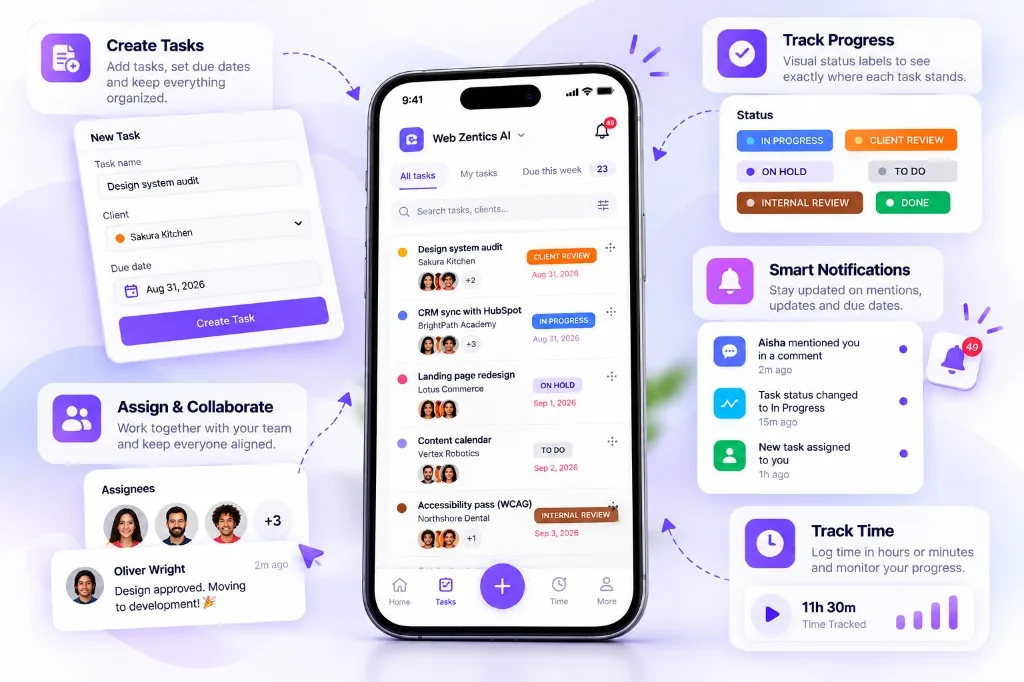 Hub Zentics mobile tasks — create tasks, track progress, collaborate and log time