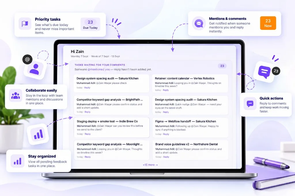 Hub Zentics mentions and comments — priority tasks waiting for feedback