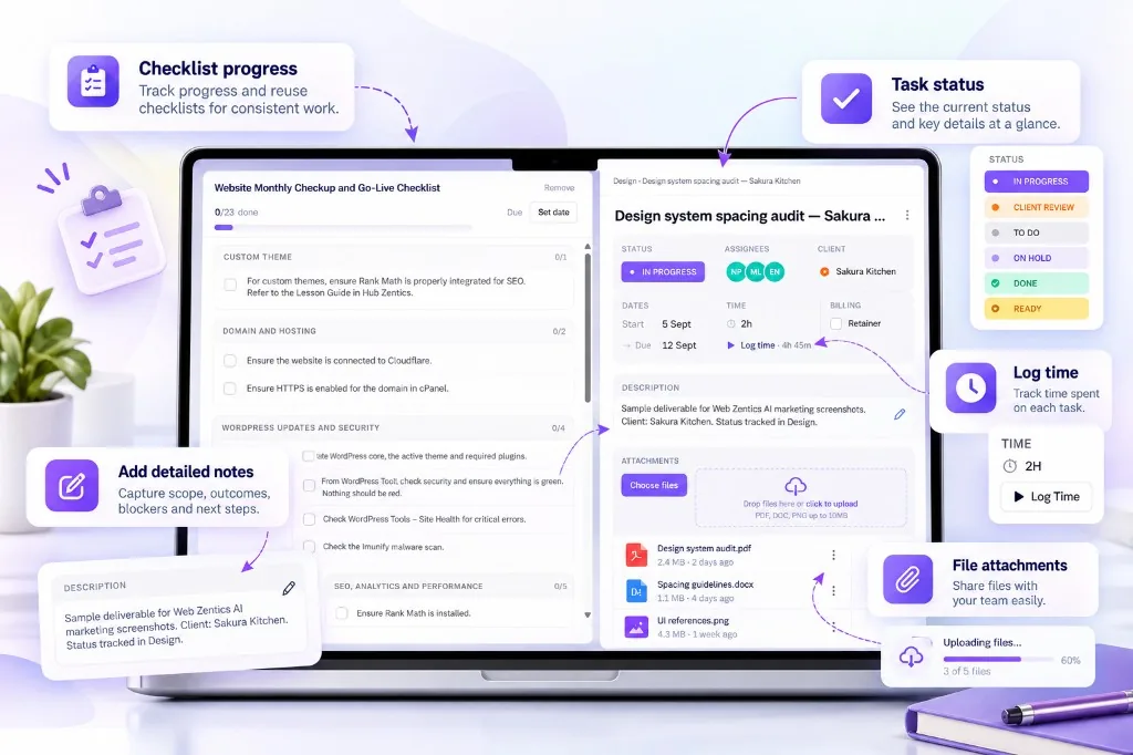 Hub Zentics task details — checklists, status, time logging and file attachments