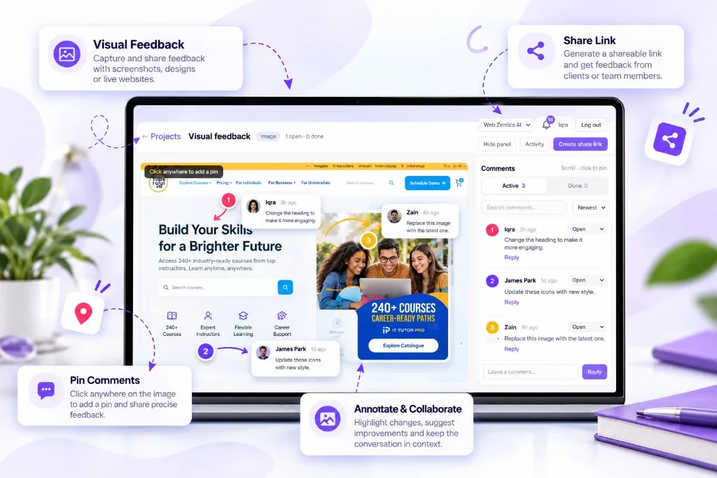 Hub Zentics visual feedback — pin comments, share links and collaborate on designs