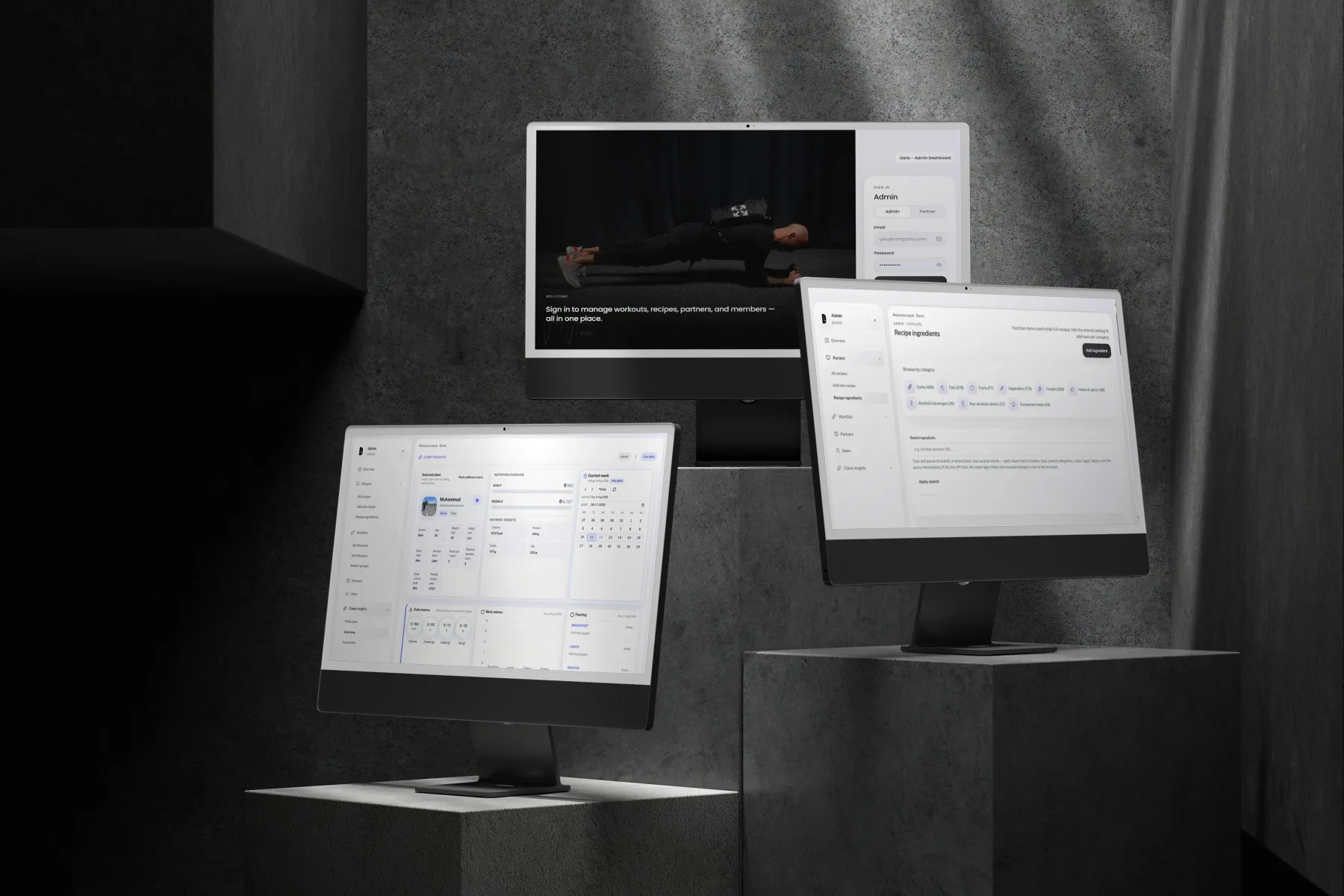 MyFitSpot SaaS multi-monitor admin workspace for clients and recipes