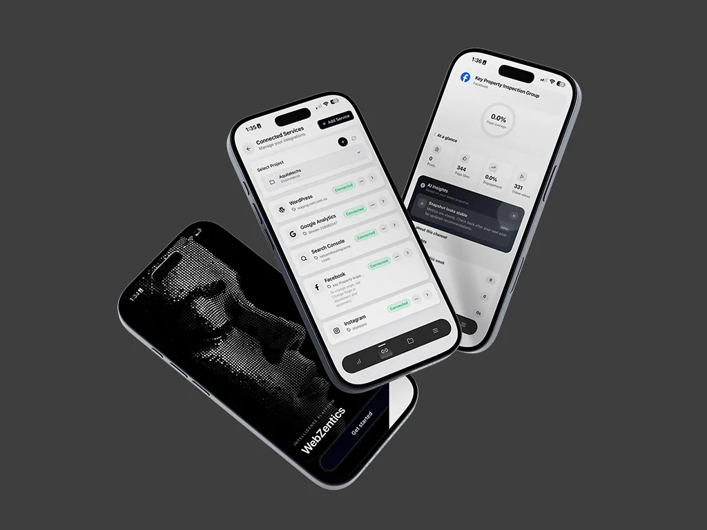 Web Zentics AI app on three phones — onboarding, connected services and analytics