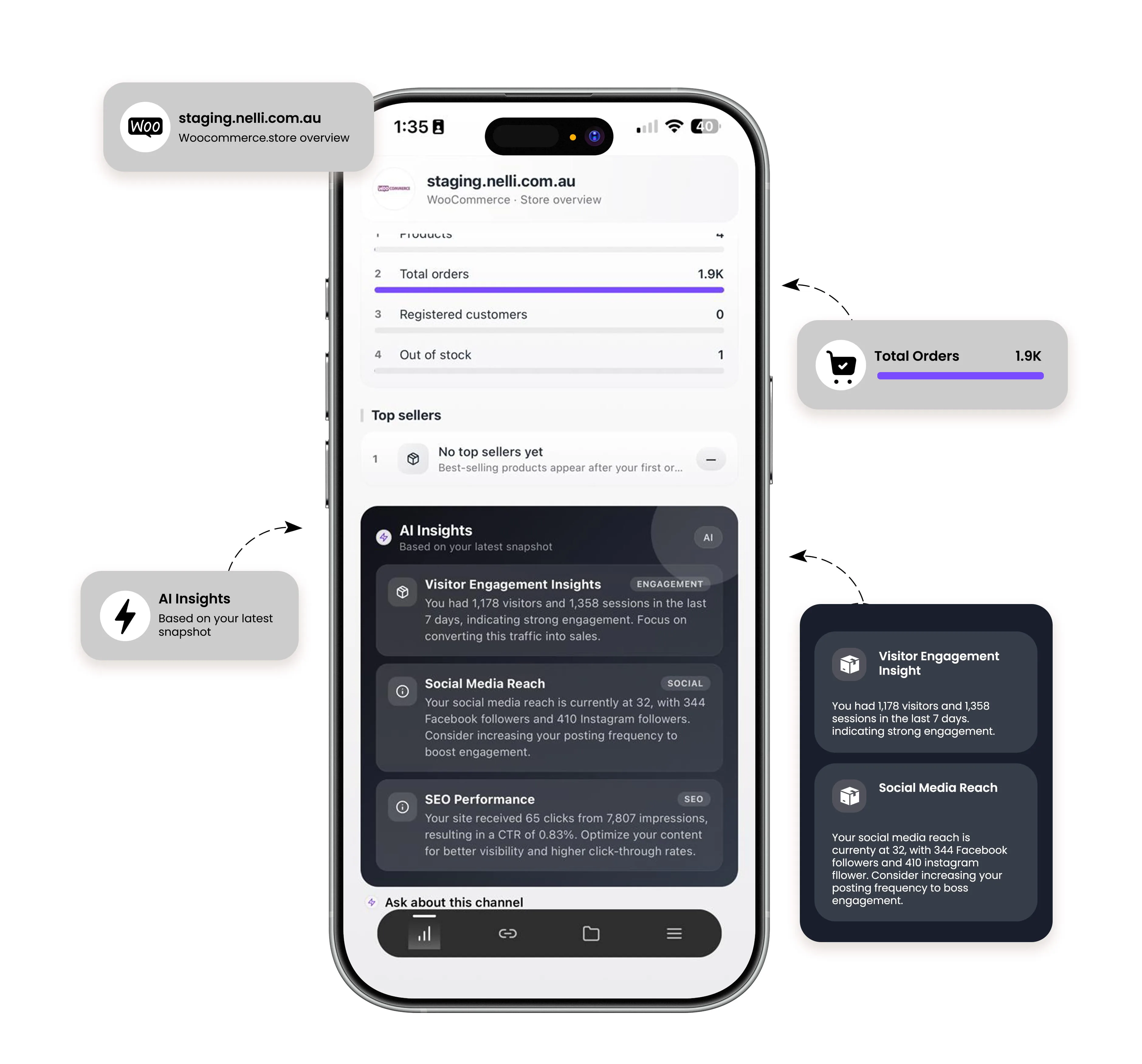 Web Zentics AI WooCommerce overview with AI insights cards